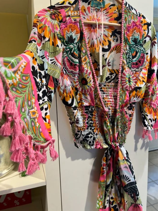 Embroidered luxury blouse Boho Ibiza pink-multicolor beads